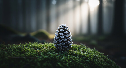 Atmospheric close-up of a single frosted pinecone on a bed of green moss in a moody winter forest. Magical morning sunlight filters through the trees, creating a serene and peaceful natural scene.