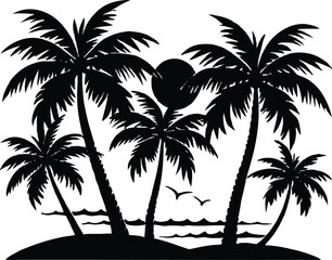 Fototapeta premium Coconut Palms Along Beach Silhouette, Tropical Beach with Coconut Trees Art