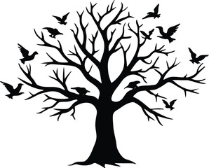 Dead Tree with Perched Birds Silhouette, Birds Resting on Bare Tree Branch Art