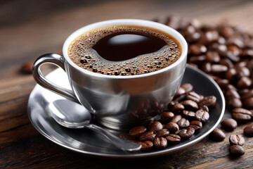 Fototapeta premium Freshly Brewed Coffee with Coffee Beans on Rustic Wood