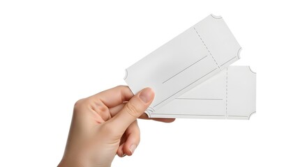 Hand holding two blank white paper tickets or boarding passes against a clean white background