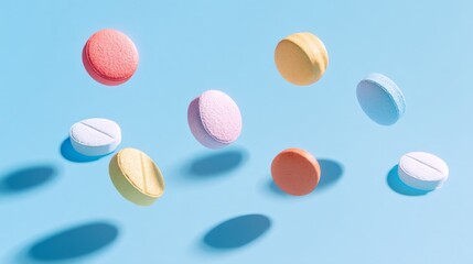 Fototapeta premium Vivid pharmaceutical wonders in a calming blue setting. Visual identity. Enhanced details of vibrant medicine on a soft blue background. Creative concept. Hero shot.