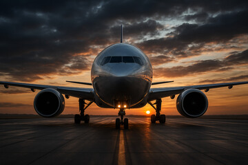 Airplane on Runway at Sunset with Dramatic Clouds in the Sky