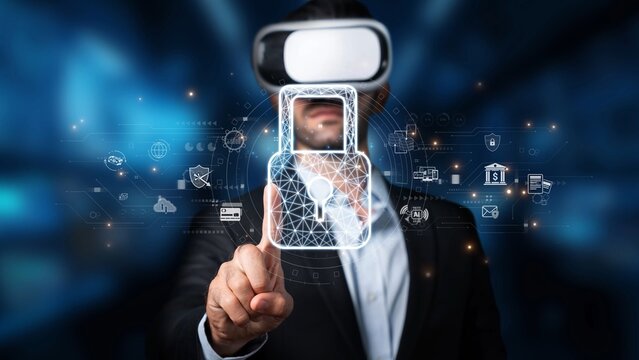 A business professional engages with virtual reality technology, showcasing a security lock concept in a digital landscape, highlighting innovation in cybersecurity practices. Raster