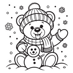 Cute Teddy Bear with Snowman Outline Vector