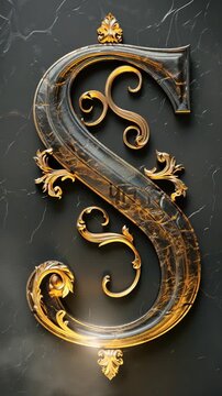 A single decorative letter S on a black background