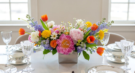 A centerpiece of colorful flowers in a silver vase on a set table with glasses and china teacups ai generated