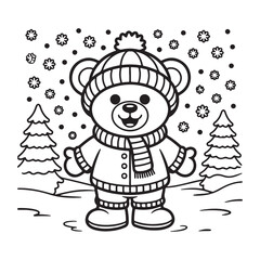 Cute Teddy Bear in Winter Clothes Outline Vector
