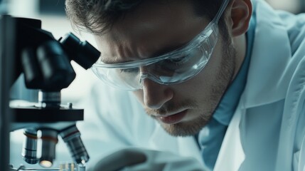 A dedicated scientist intently examining samples under a microscope in a well-equipped laboratory.