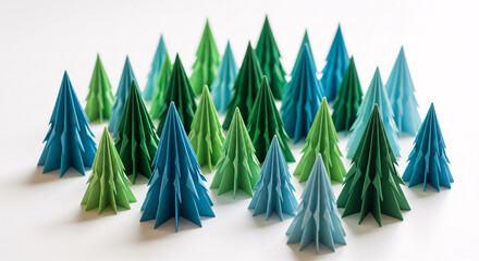 A miniature forest of modern origami Christmas trees in shades of green and blue. A creative and minimalist holiday concept for DIY papercrafts, handmade decorations, and sustainable winter festivitie