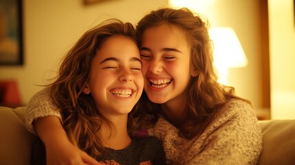 Two young girls smiling and hugging each other, sharing a joyful moment together at home.