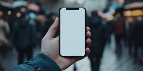 A person's hand holding a smartphone with its screen displayed against the blurred backdrop of a bustling city street at night.