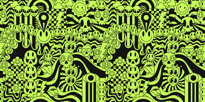 Cool Acid Psychedelic Groovy Seamless Pattern. Abstract Trippy Y2k Illustration.