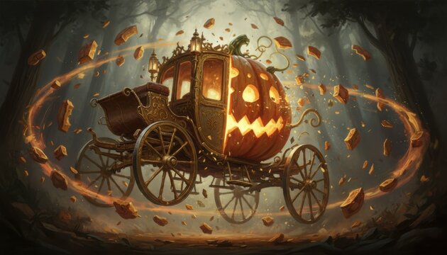 A magical pumpkin carriage glowing with light in a misty forest, symbolizing fantasy, Halloween spirit, and fairy tale transformation, blending rustic charm with mysterious energy - Powered by Adobe