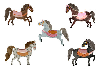Whimsical watercolor horses set in soft earthy tones. Charming hand-painted ponies, perfect for nursery decor, kids prints, fabrics, cards, and gentle fairytale illustrations.