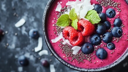 A vibrant smoothie bowl topped with berries and coconut flakes on a dark surface.