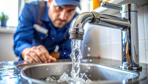 Focused plumber checking water flow from shiny faucet representing plumbing inspection, maintenance and repair service ensuring home functionality and water conservation awareness