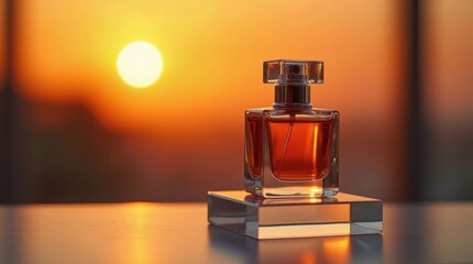 Premium fragrance bottle elegantly displayed on transparent acrylic block against golden sunset backdrop