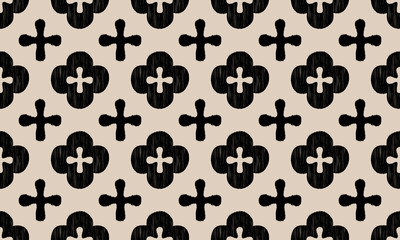 Black Geometric Cross Ikat Pattern on Beige Background. Traditional Ikat textile designs, minimal form, and handwoven texture give a modern yet ethnic aesthetic. Perfect for fabric design, wallpapers