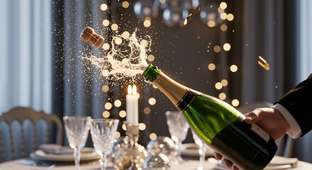 Champagne bottle popping champagne pop sparkling wine cork flying splash celebration party toast festive moment, elegance luxury joy excitement, New Year mood, fine dining table setting