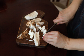 Female hands slicing Macrolepiota procera, the parasol mushrooms, on a dark wooden board. Concept of home cooking, forest harvest, organic lifestyle, rustic kitchen. © Natallia