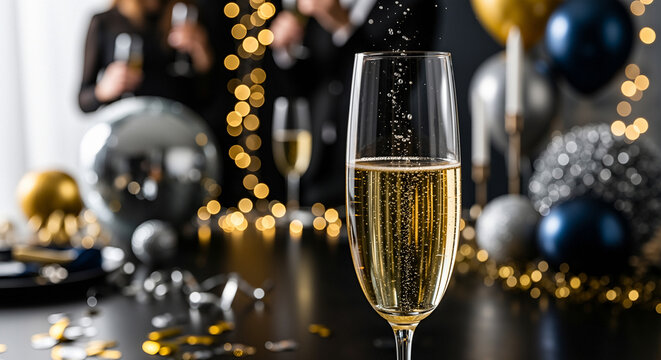 Champagne glass closeup champagne flute sparkling wine bubbles rising in elegant tall glass at festive party, luxury celebration mood, refined toast, New Year ambiance, glamour and sophistication - Powered by Adobe