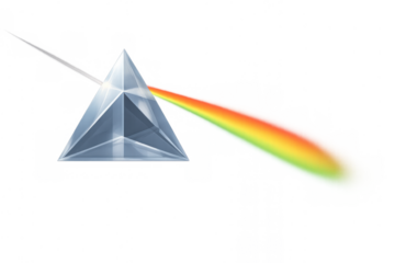 Prism refracting light, creating spectrum and rainbow effect, showing scientific optics and physics concept