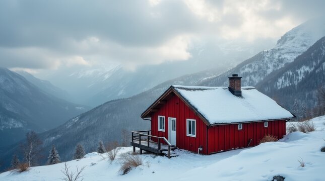 Rustic wooden cabin featuring snow-covered red roof with cloudy sky and snowy mountain peaks in background