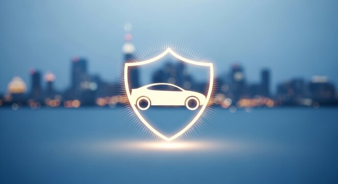 Car insurance protection icon over blurred city skyline
