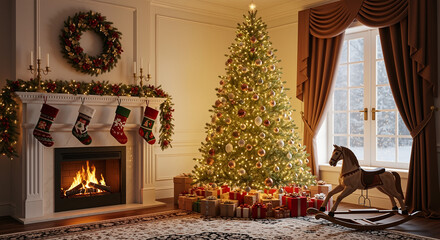 Christmas tree lights cozy living room with glowing christmas tree by fireplace, stockings wreath garlands, pile of wrapped gifts, rocking horse near window, warm golden bokeh, festive home atmosphere
