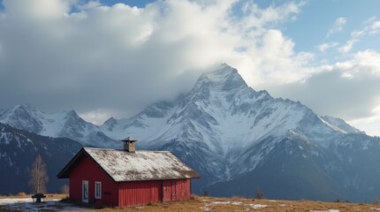 Rustic wooden cabin featuring snow-covered red roof with cloudy sky and snowy mountain peaks in background