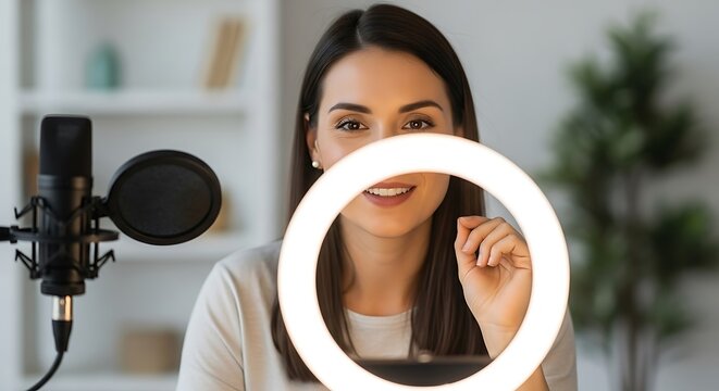 Young woman with ring light and microphone creating content for social media