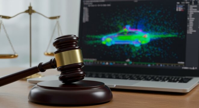 Digital justice and forensic analysis: gavel, scales of justice, and ai autonomous vehicle data simulation on laptop