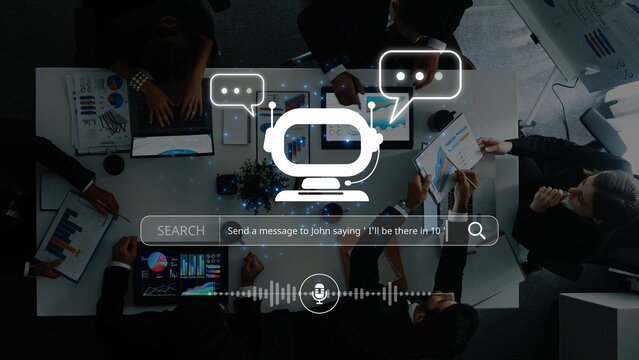 A dynamic business meeting scene featuring a robotic assistant offering voice-activated communication tools, enhancing teamwork and productivity in a modern office environment. Raster - Powered by Adobe
