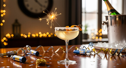 Cocktail glass sparkle festive cocktail in coupe with sugar rim citrus twist and lit sparkler on table, confetti and party poppers, champagne bucket bokeh lights, celebration vibe, New Year party mood