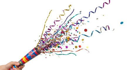 Fototapeta premium Excitedly celebrate joyous moments with a burst of vibrant confetti streamers exploding from a party popper held by hand