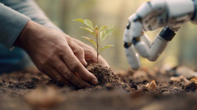 Hands planting small tree with robotic arm — AI-assisted sustainability, future ecology, minimal concept