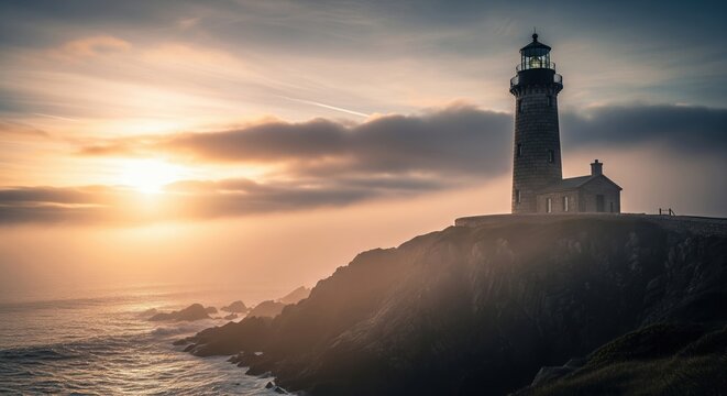 Dramatic coastal lighthouse on a rugged cliff overlooking the ocean at vibrant sunset hour