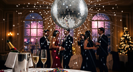 Disco ball shining sparkling mirror ball casting light rays over elegant New Year party, couples dancing near windows with fireworks, champagne flutes and bucket on table, glamorous celebration