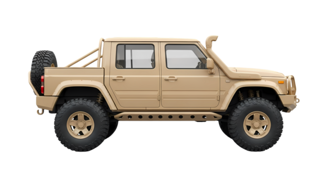 Rugged tan off road vehicle with snorkel and spare tire ready for extreme adventure and exploration, perfect for outdoor pursuits