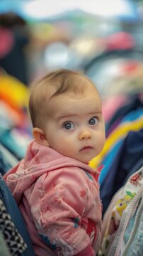 A young baby sits amidst a pile of clean laundry, perfect for s about parenthood and domestic life
