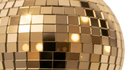 Dazzling golden disco ball gleams with vibrant light reflecting off countless mirror squares, perfect for celebrations and parties