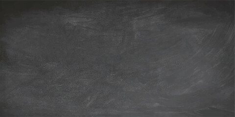 Empty black chalkboard with chalk dust texture, old rough dark surface design, and vintage grunge blackboard backdrop