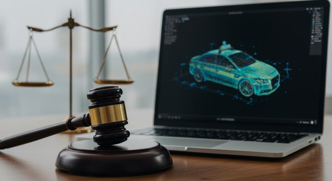 Legal framework and future of autonomous vehicles: gavel, scales of justice, and 3d car model on laptop screen symbolizing technology law