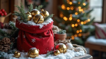 Santa's red sack overflowing with golden bells ornaments snowy workshop bench