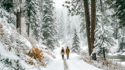 young couple walking in winter forest