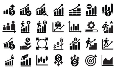 Growth and Success Icon Set. charts, graphs, analytics, statistics, data, progress, performance, revenue, profit and more. solid icons vector with white background