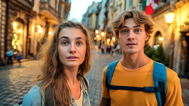 couple exploring old European city street - Powered by Adobe