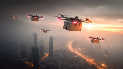 drone swarm flying above city for delivery