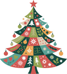 A festive, colorful Christmas tree decorated with various patterns and ornaments.